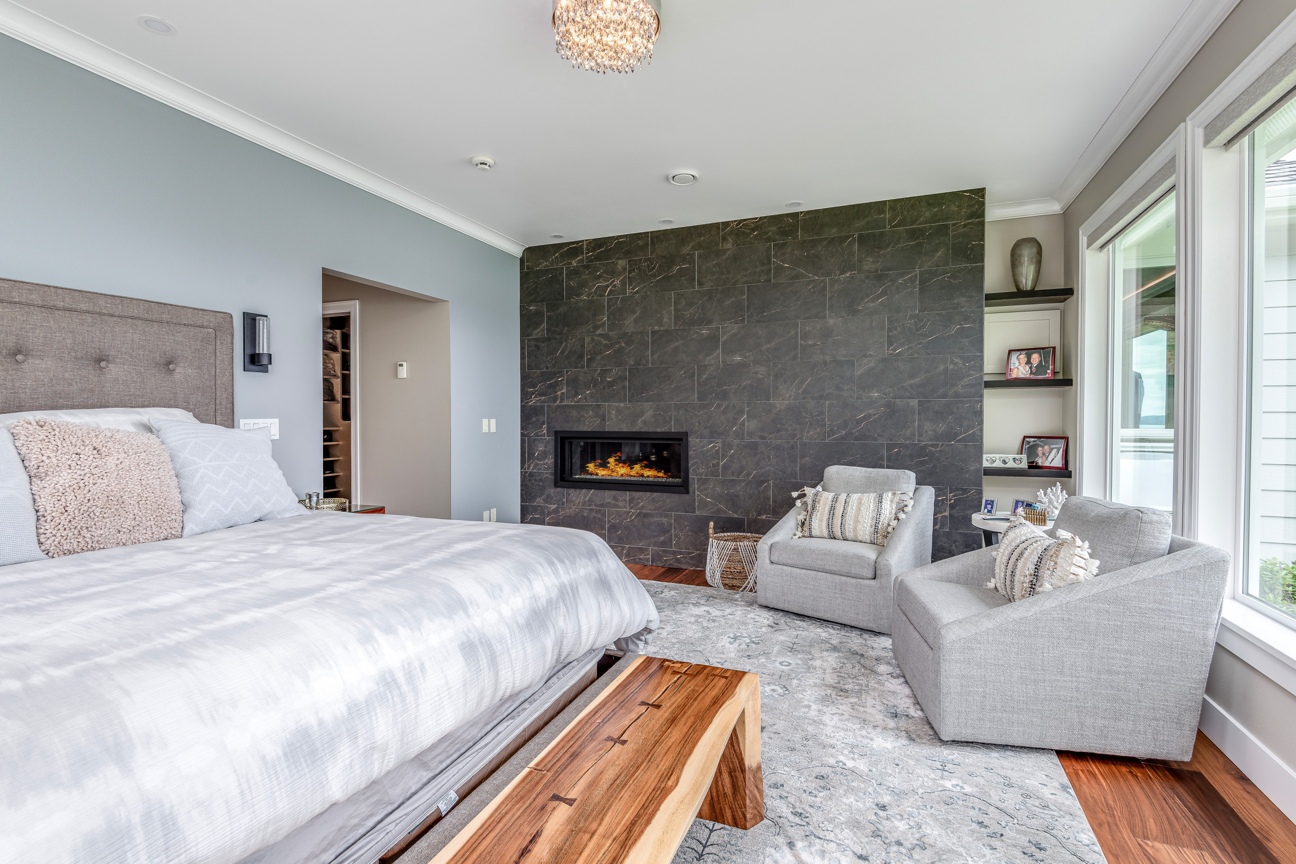 master bedroom furniture and remodel with modern custom tile fireplace