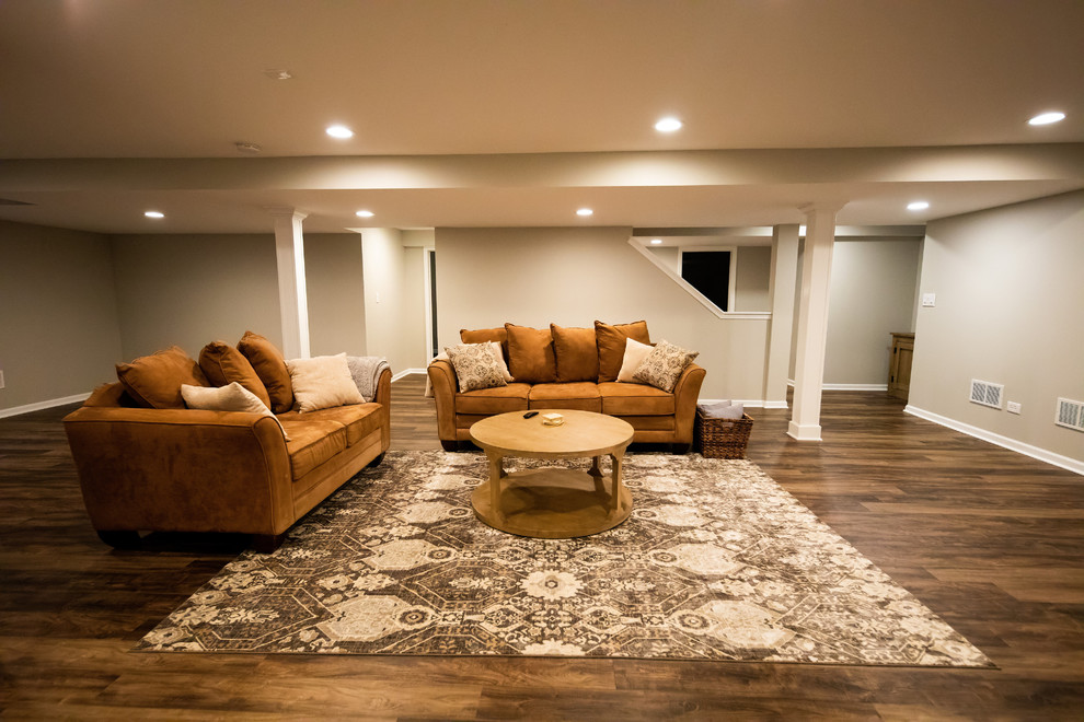 Inspiration for a large transitional look-out dark wood floor and brown floor basement remodel in Chicago with beige walls and no fireplace