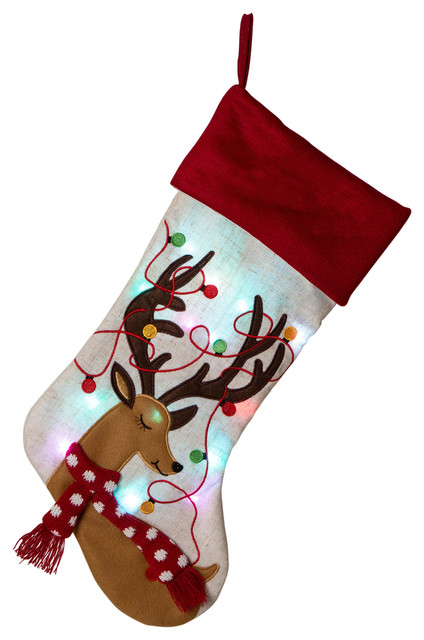 21" LED Embroidered Linen Christmas Stocking, Reindeer