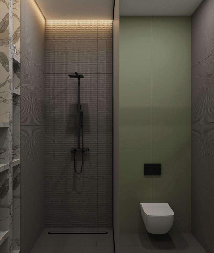 Стильный дизайн: ванная комната среднего размера в современном стиле с плоскими фасадами, инсталляцией, черной плиткой, керамогранитной плиткой, черными стенами, полом из керамогранита, черным полом и подвесной тумбой - последний тренд