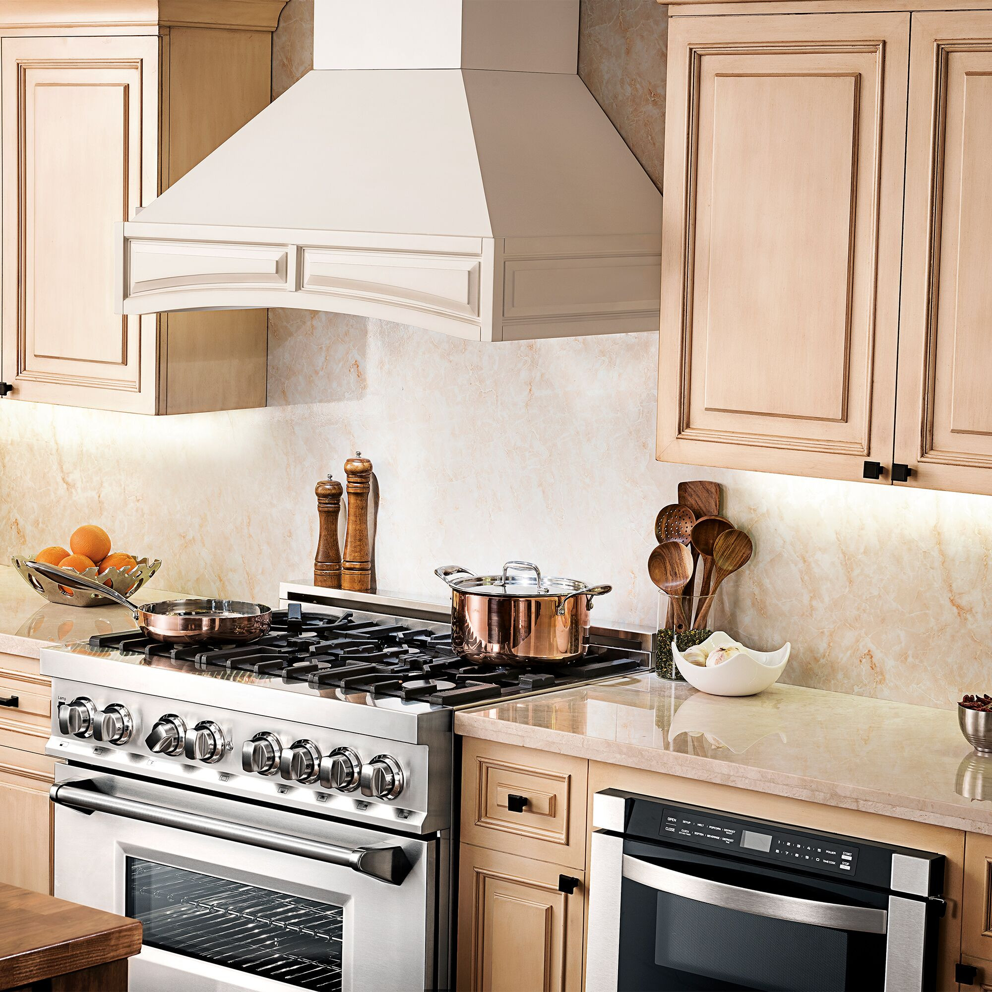 Kitchens featuring a ZLINE Wooden Wall Range Hood