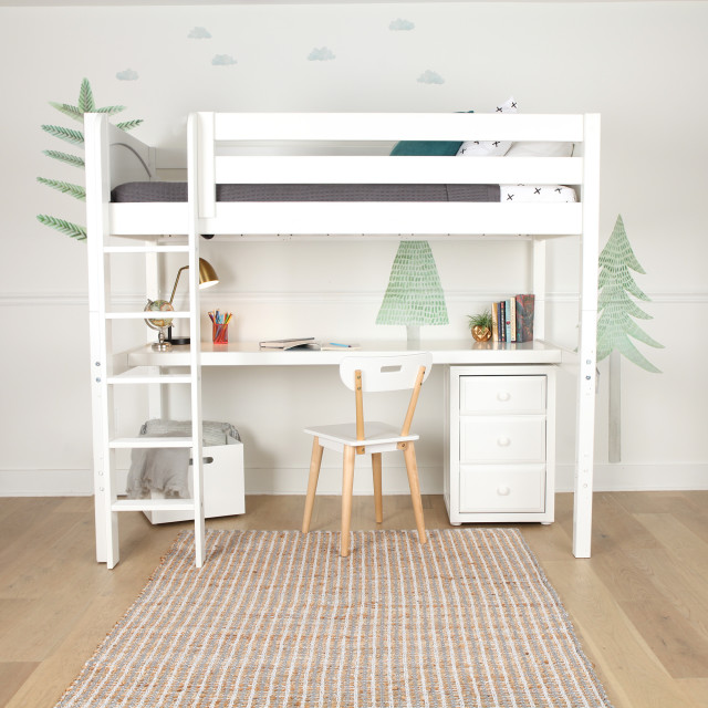 White Twin Mid Loft Bed with Customizable Ladder Contemporary Kids