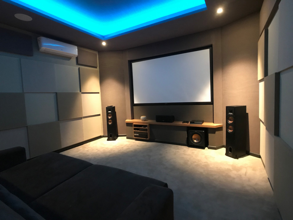 Small minimalist enclosed beige floor home theater photo in Other with beige walls and a projector screen