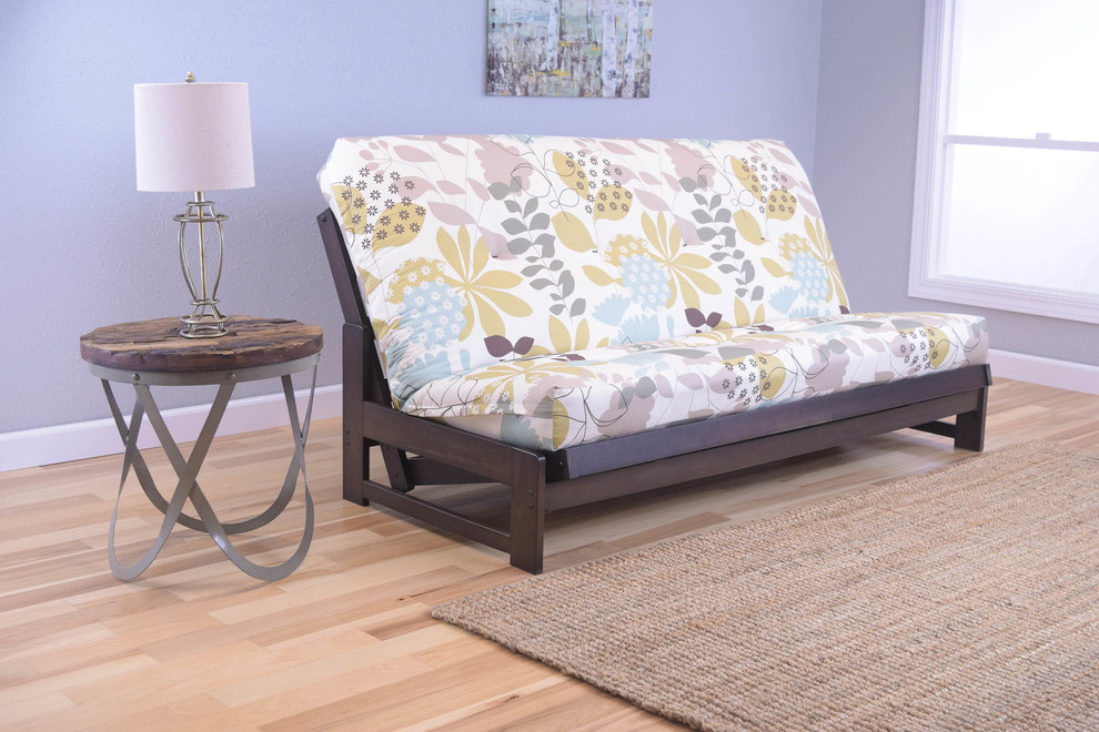 Example of a brown and small classic wood and polyester innerspring tufted and light wood floor living room design with gray walls