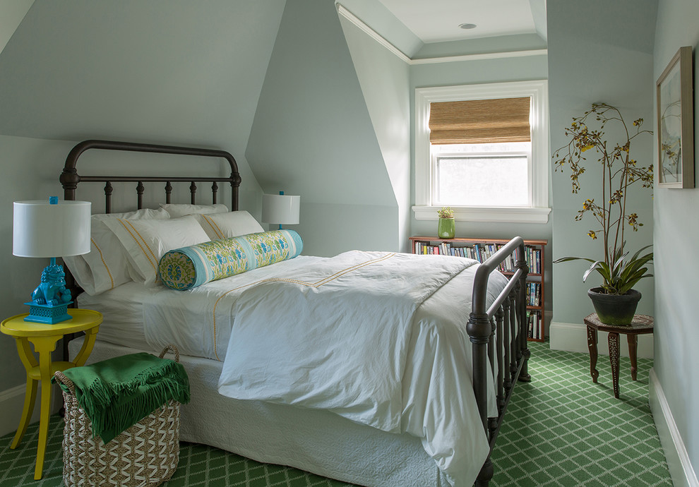 This is an example of a large traditional guest bedroom in Boston with blue walls and carpet.