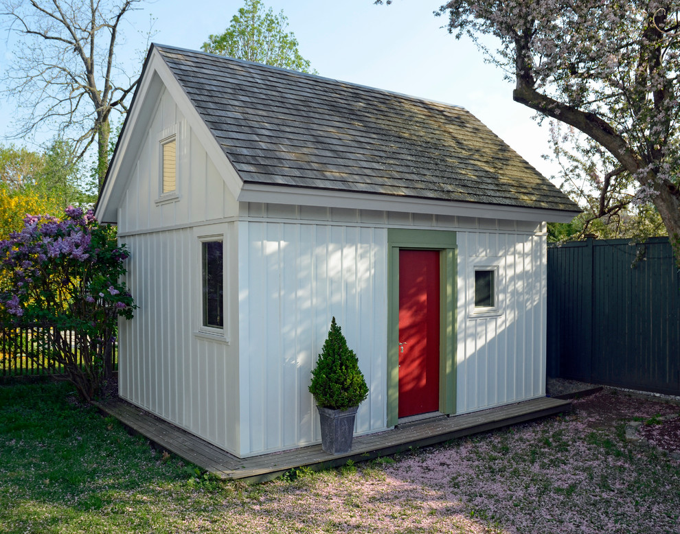 Design ideas for a small transitional detached garden shed in Boston.