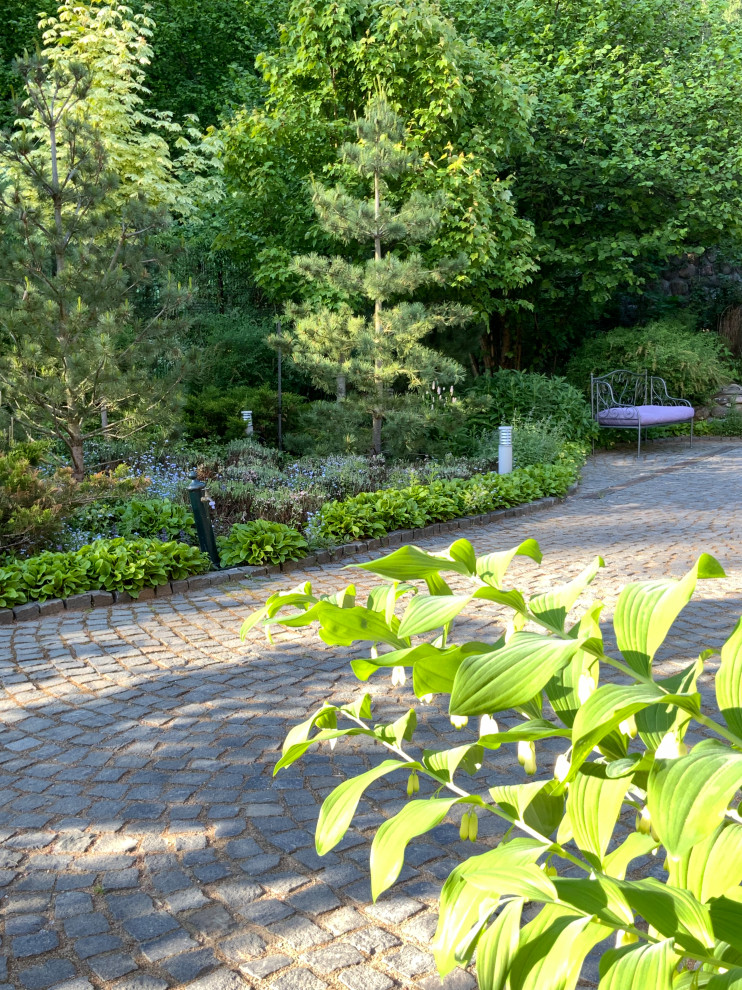 Foto di un grande giardino nordico esposto a mezz'ombra in cortile in primavera con pavimentazioni in pietra naturale