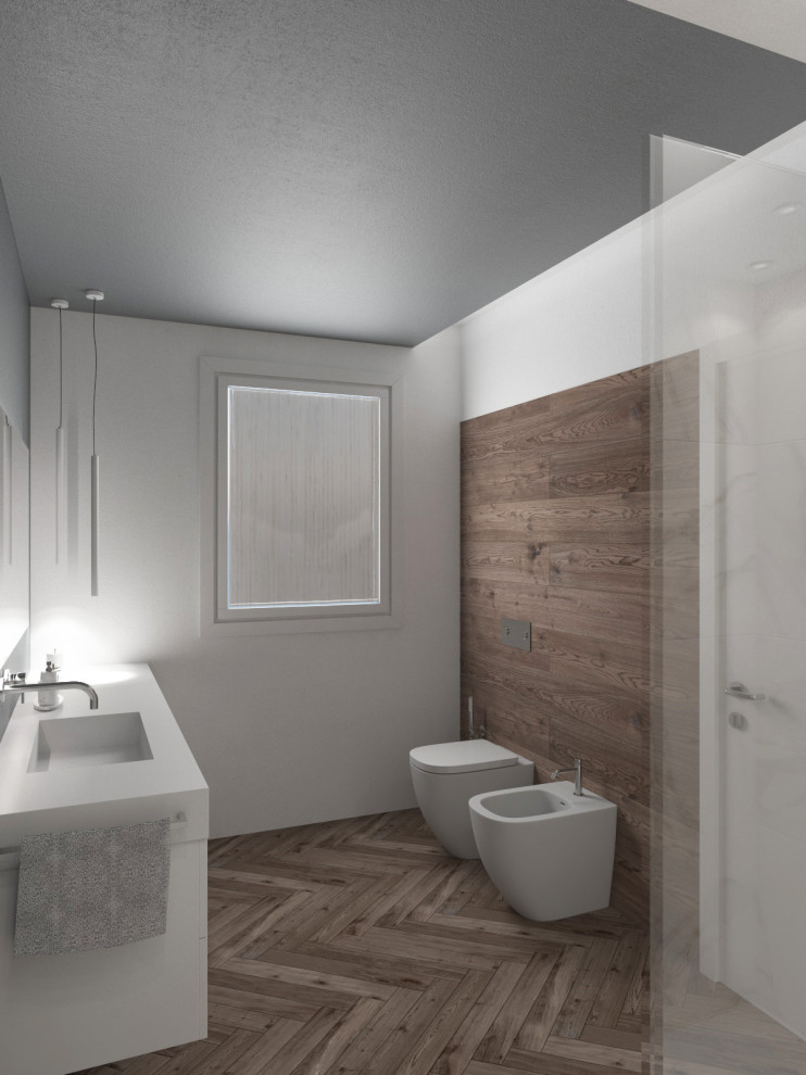 Photo of a mid-sized modern 3/4 bathroom in Venice with flat-panel cabinets, white cabinets, a two-piece toilet, white tile, porcelain tile, grey walls, dark hardwood floors, an integrated sink, solid surface benchtops, brown floor, white benchtops, a floating vanity, recessed, a curbless shower, a sliding shower screen, a niche and a single vanity.