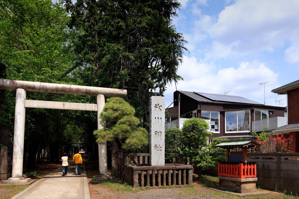 Mid-sized traditional two-storey brown house exterior in Tokyo with a shed roof and a metal roof.