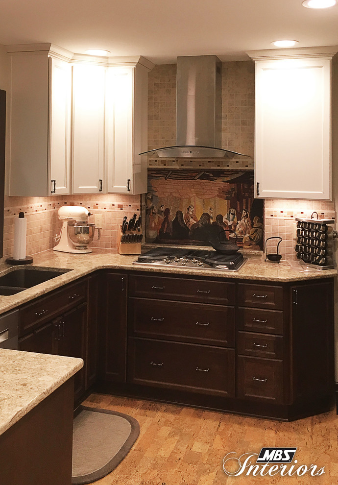 Inspiration for a small transitional u-shaped eat-in kitchen remodel with an undermount sink, recessed-panel cabinets, white cabinets, quartzite countertops, multicolored backsplash, mosaic tile backsplash, stainless steel appliances and no island