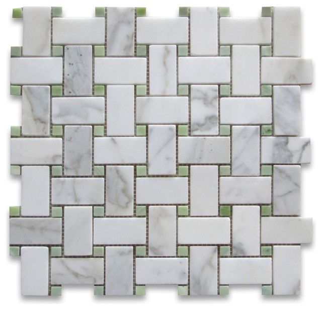 12 X12 Calacatta Gold Basketweave Mosaic Green Dots Honed Chip 12 X12 Calacatta Gold Basketweave Mosaic Green Dots Honed Chip Size 1 X2 Traditional Wall And Floor Tile By Stone Center