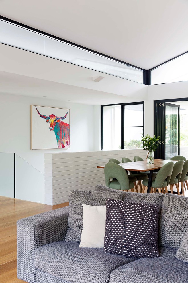 Large contemporary open plan dining in Sydney with white walls, medium hardwood floors, no fireplace and brown floor.
