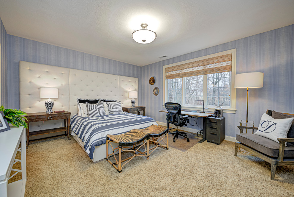 Photo of a medium sized contemporary bedroom in Indianapolis with blue walls, carpet, beige floors and wallpapered walls.