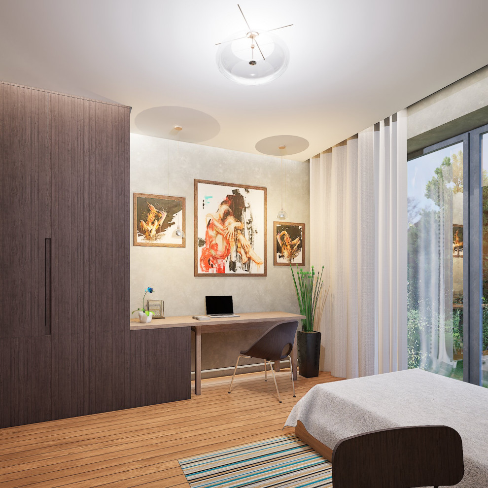 Спальня в частном доме с панорамными окнами