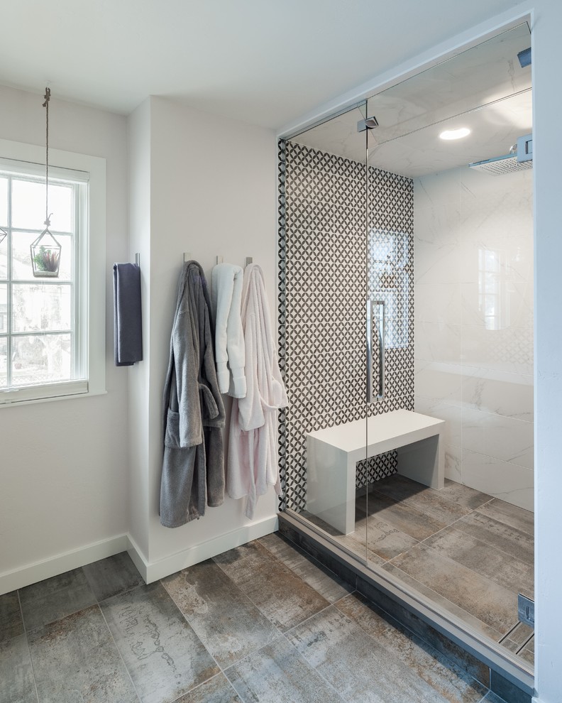 This is an example of a large midcentury master bathroom in Denver with flat-panel cabinets, brown cabinets, a corner shower, a two-piece toilet, white tile, ceramic tile, white walls, ceramic floors, a vessel sink, engineered quartz benchtops, grey floor, a hinged shower door and white benchtops.
