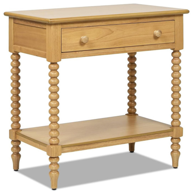 Classic End Table, Rubberwood Frame With Spindle Legs & Drawer, Natural Brown Traditional