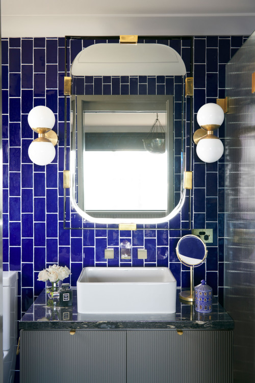 Gray Hues Elevate Blue Subway Tile Bathroom Backsplash in Vertical Layout