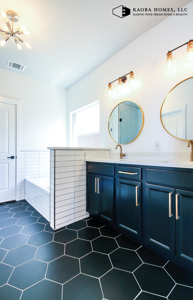This is an example of a small contemporary master bathroom in Dallas with flat-panel cabinets, black cabinets, a drop-in tub, an alcove shower, a one-piece toilet, white tile, porcelain tile, white walls, ceramic floors, an undermount sink, engineered quartz benchtops, black floor, a hinged shower door, white benchtops, an enclosed toilet, a double vanity and a built-in vanity.