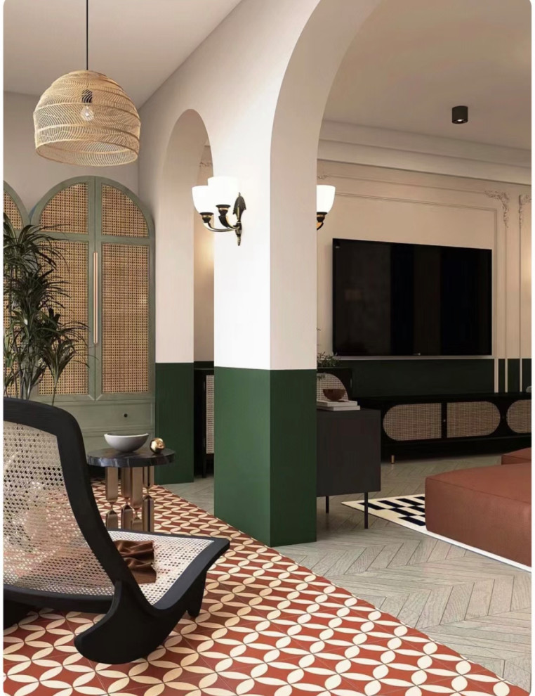 На фото: маленький коридор в восточном стиле с зелеными стенами, полом из керамической плитки, разноцветным полом, многоуровневым потолком и панелями на части стены для на участке и в саду