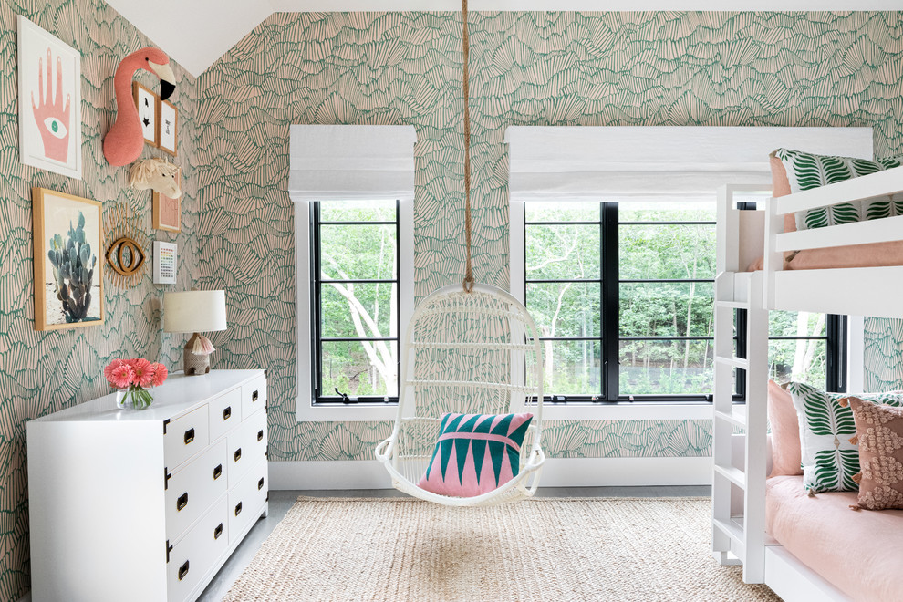Example of a bedroom and large beach style girl dark wood floor and gray floor kids' bedroom design in New York