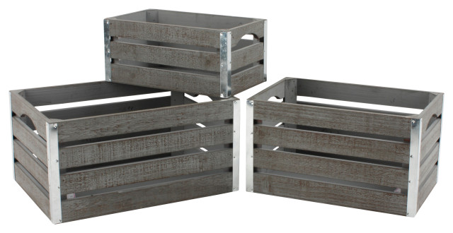 Medium Gray Wood Crates, 3-Piece Set
