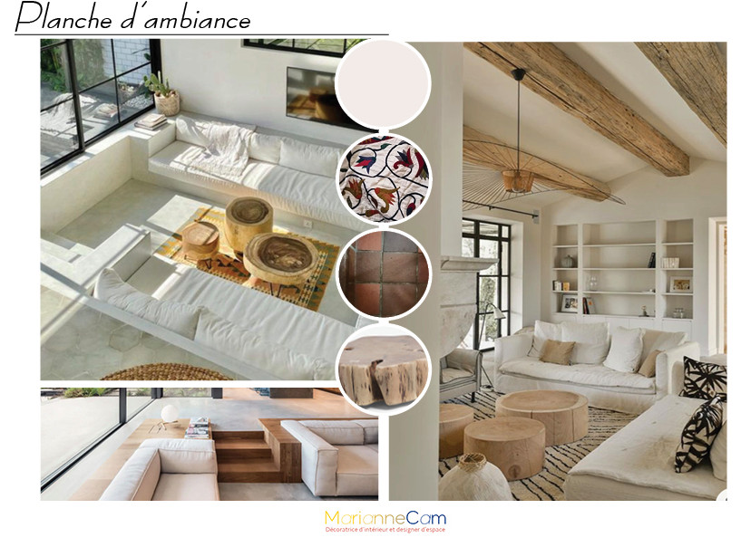レンヌにある低価格の広いトラディショナルスタイルのおしゃれなLDK (ライブラリー、白い壁、コンクリートの床、薪ストーブ、ベージュの床、板張り天井) の写真