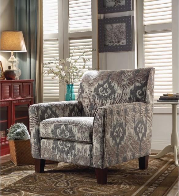 Vintage Wood and Fabric Contrast Pattern Chair with Flared Armrest