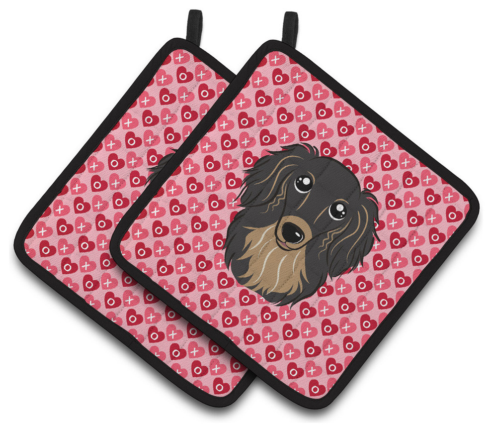 Longhair Black and Tan Dachshund Hearts Pot Holders, Set of 2