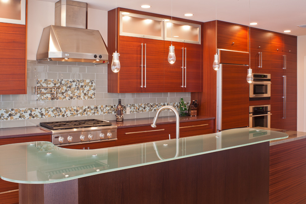 Contemporary kitchen in Tampa with panelled appliances and glass benchtops.