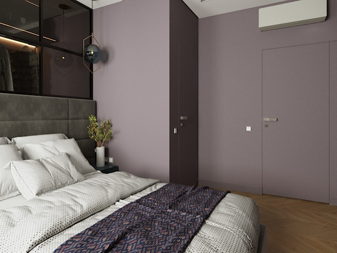 Idee per una camera matrimoniale minimal di medie dimensioni con pareti viola, pavimento in laminato e pavimento marrone