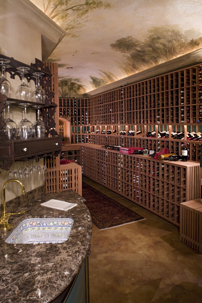 This is an example of a traditional wine cellar in Minneapolis with storage racks.
