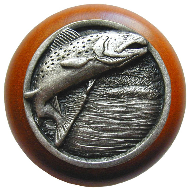Leaping Trout Wood Knob, Antique Brass, Cherry Wood Finish, Antique Pewter