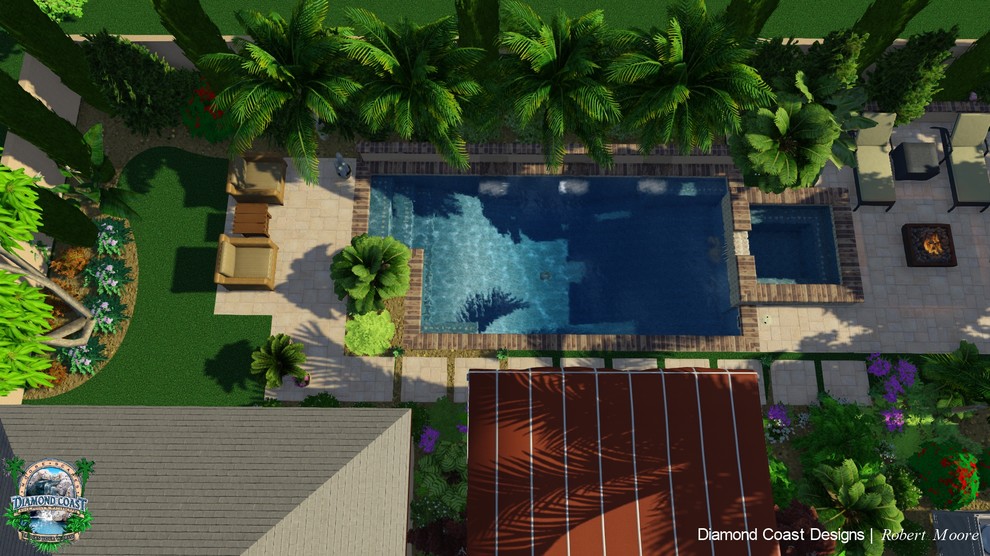 Aerial View of the new pool design and new plantings. It includes new furniture