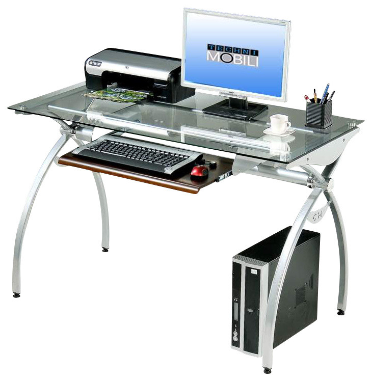 Techni Mobili Glass Top Computer Desk In Clear Desks And Hutches Techni Mobili Glass Top Computer Desk
