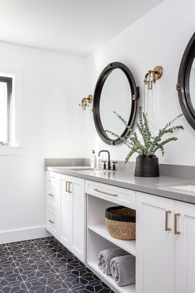 Inspiration for a transitional master multicolored floor and double-sink bathroom remodel in San Diego with shaker cabinets, white cabinets, white walls, an undermount sink, quartz countertops, gray countertops and a built-in vanity
