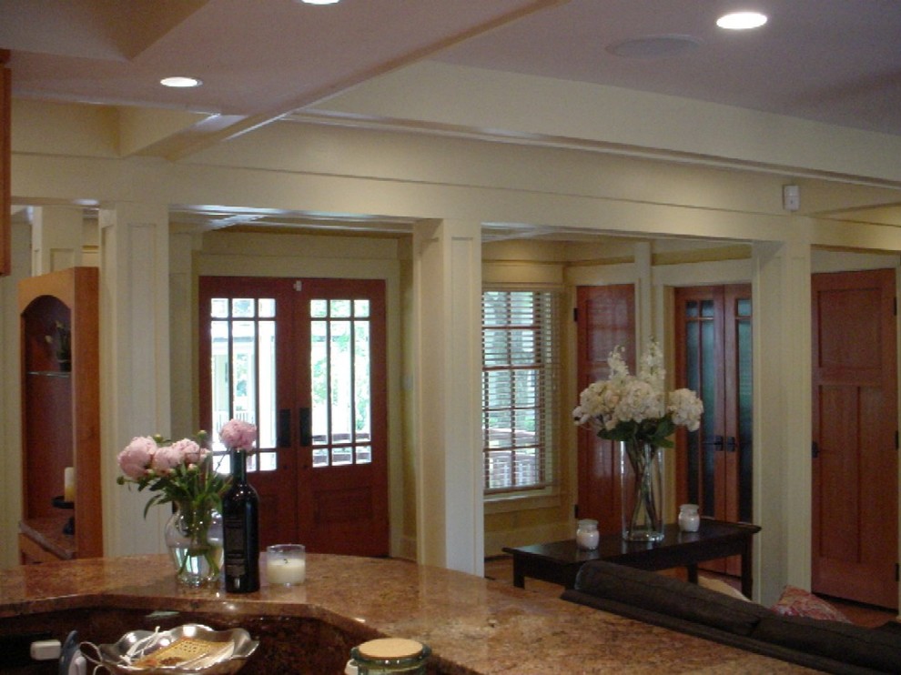 Entry and Family Room viewed from the Kitchen with Cherry Accents