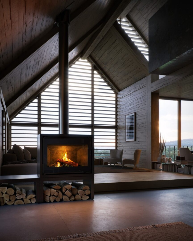 Тёплый вечер в доме с панорамными окнами и живым огнём.