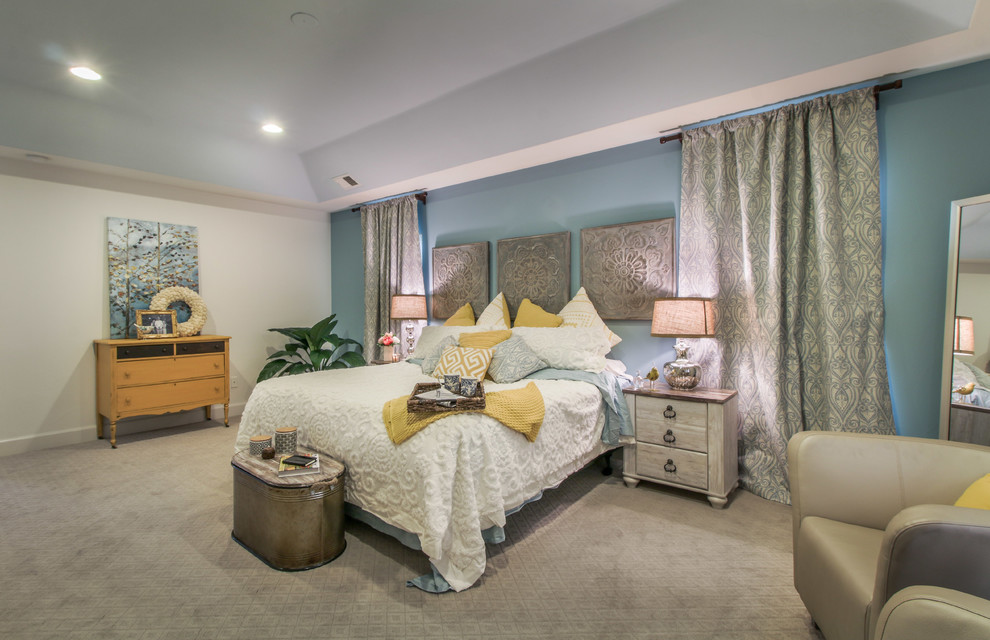 Inspiration for a mid-sized transitional master bedroom in Denver with blue walls, carpet and beige floor.