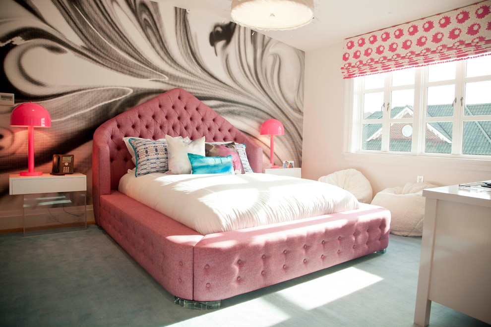 Contemporary kids' room in New York with white walls, carpet and turquoise floor for girls.
