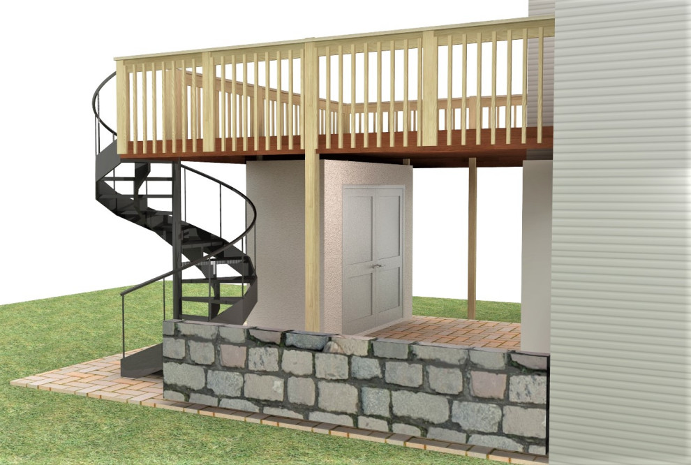 Cette image montre une terrasse arrière et au premier étage bohème avec aucune couverture et un garde-corps en bois.