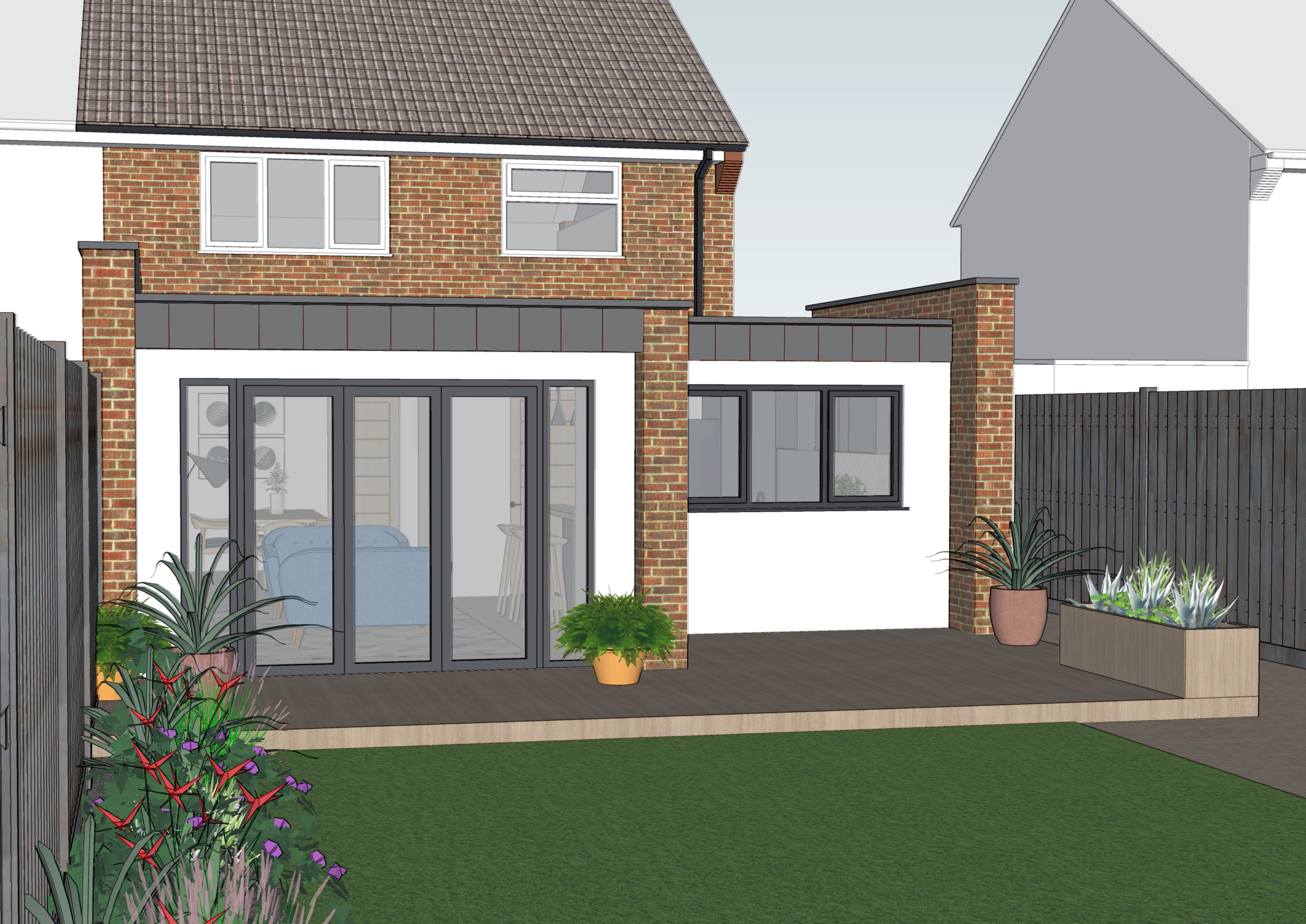 Exterior extension view, Contemporary, Open-plan