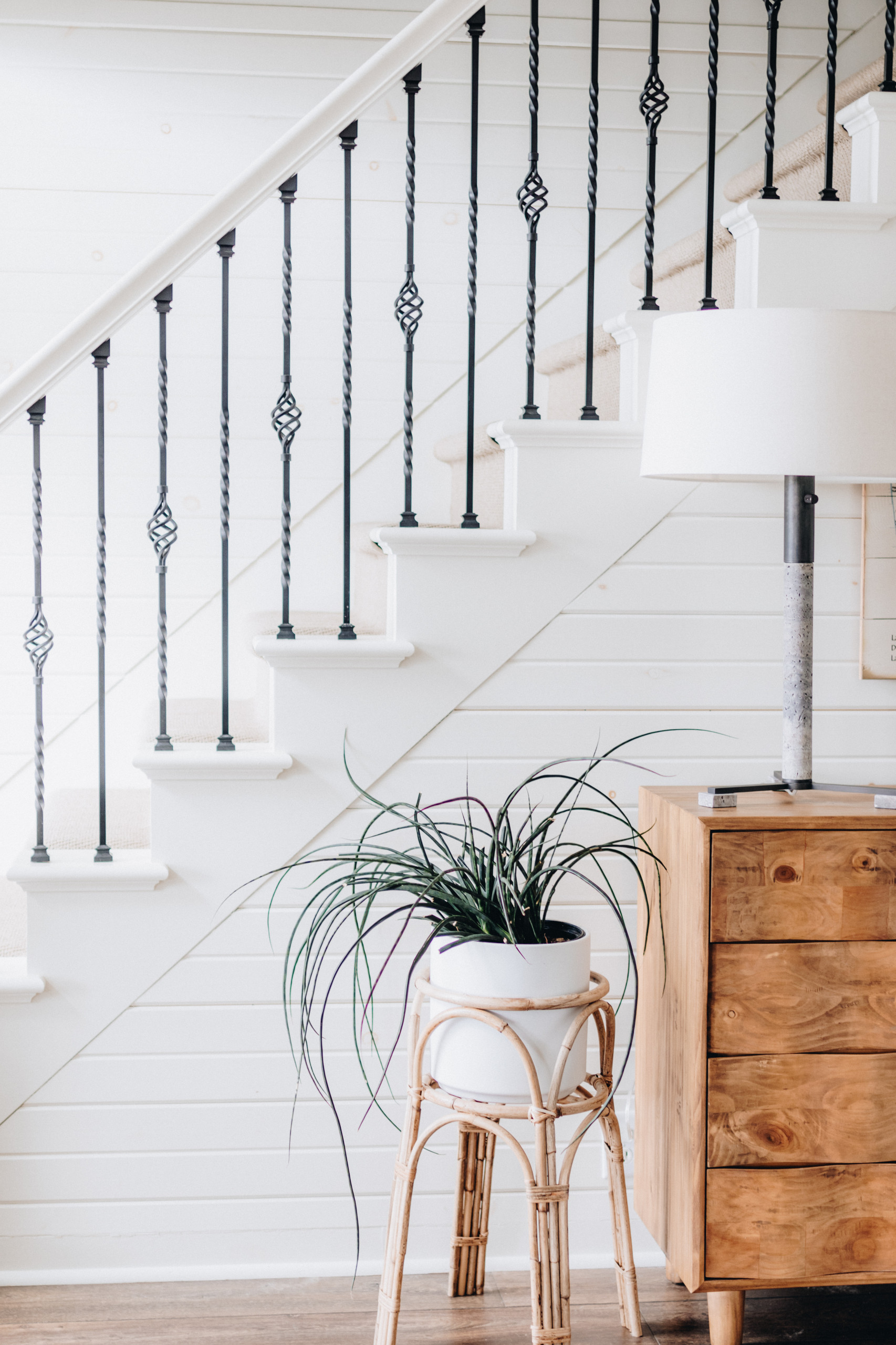 Plant on stand next to wood dresser and lamp in front of shiplap wall/staircase