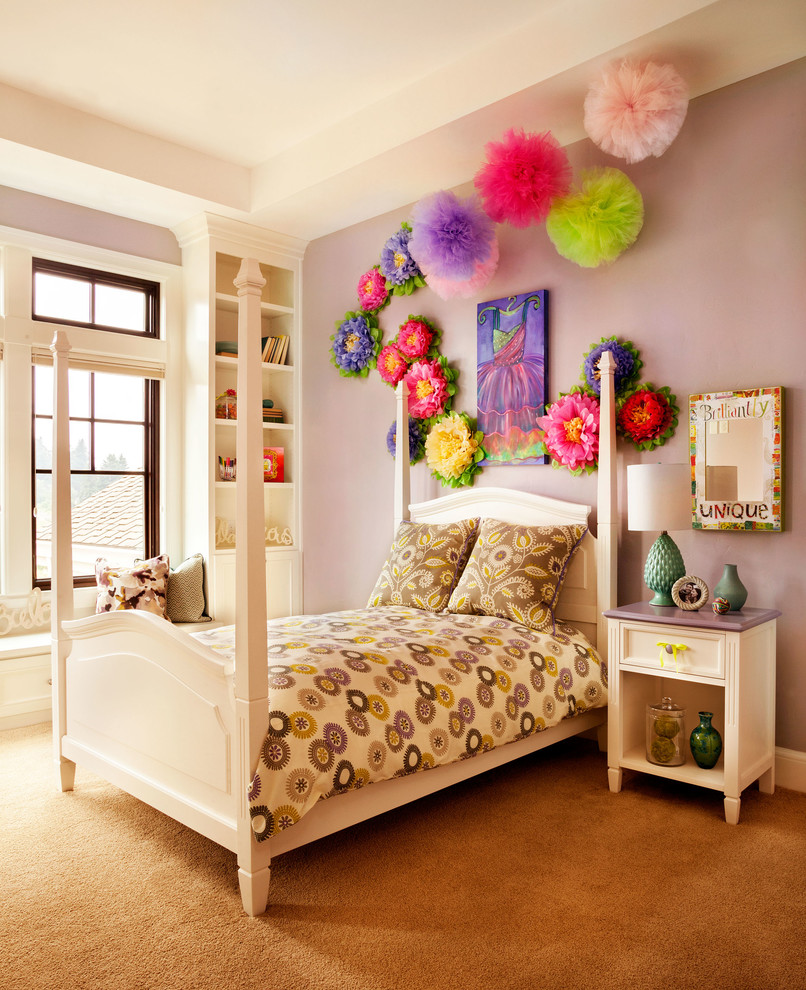 Design ideas for a large transitional kids' bedroom for kids 4-10 years old and girls in Portland with purple walls and carpet.