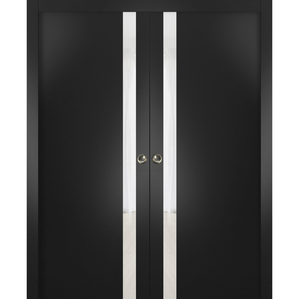 Sliding Pocket Doors, Planum 0040 Black & White Glass, Rails, 72"x80