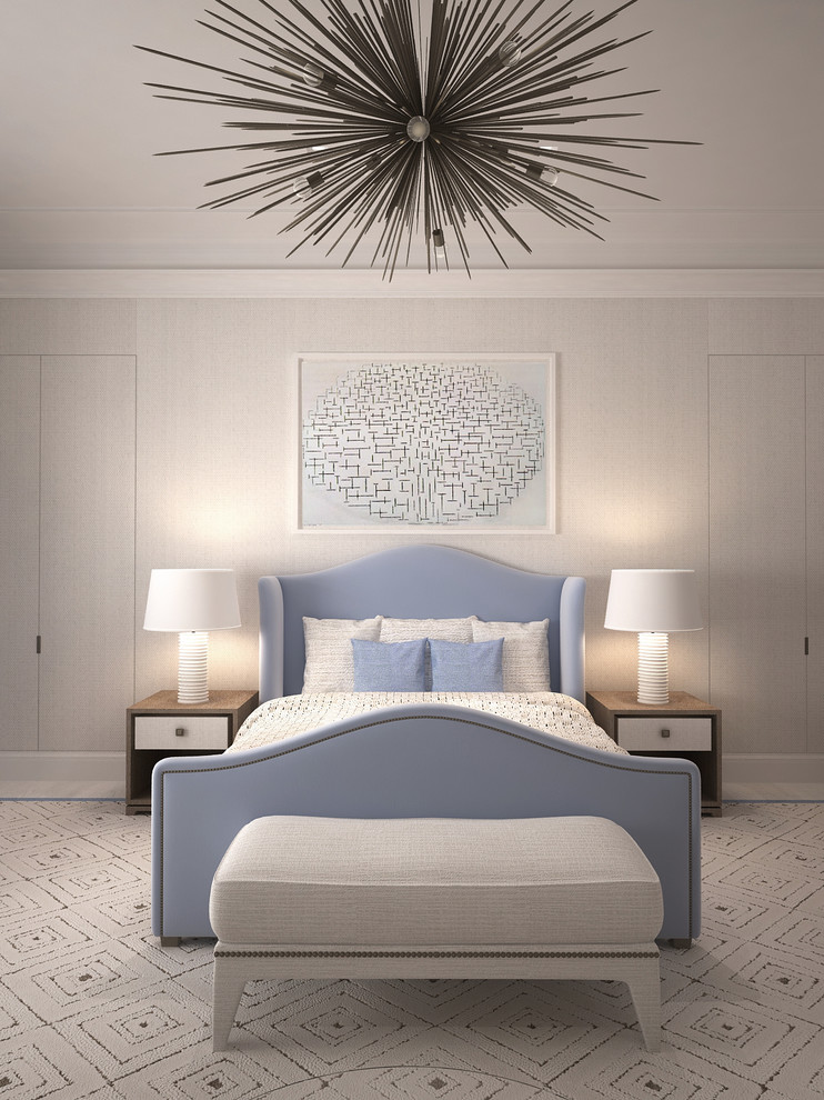 Photo of a transitional bedroom in New York with grey walls and carpet.