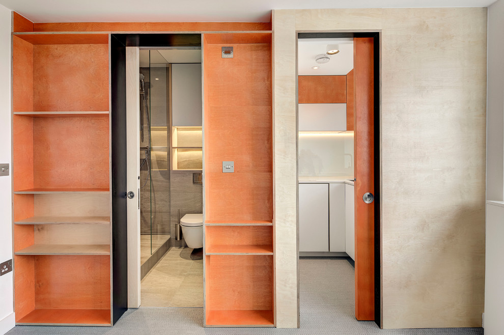 Design ideas for a small contemporary hallway in London with orange walls and vinyl floors.