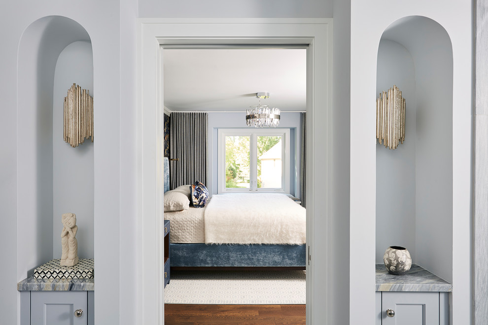 Bedroom - large transitional master dark wood floor and brown floor bedroom idea in Minneapolis with multicolored walls and no fireplace