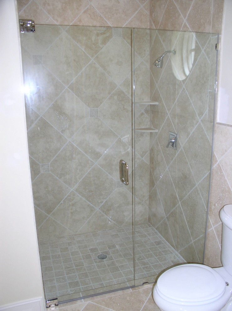 Inspiration for a transitional 3/4 beige tile and ceramic tile ceramic tile and beige floor alcove shower remodel with beige walls and a hinged shower door