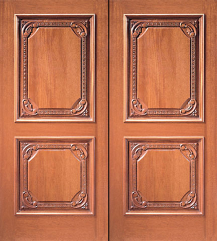 Prehung Double Door, Hand Carved 2-Panel in Mahogany