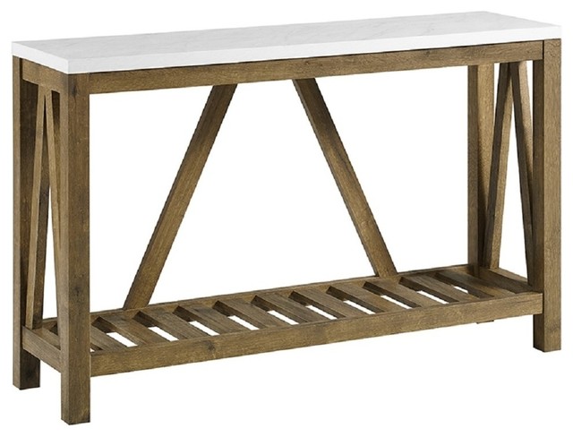 52" A-Frame Rustic Entry Console Table, White Faux-Marble/Walnut